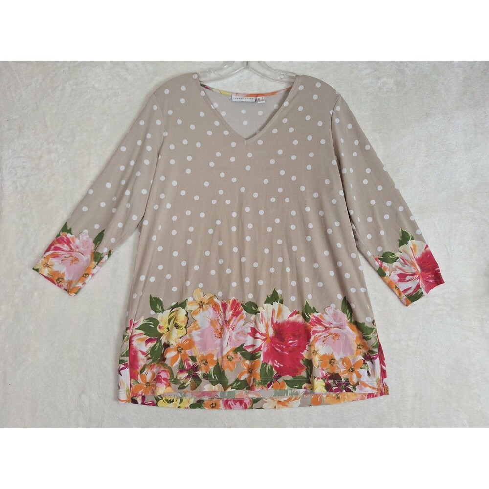 Susan Graver Women's Size M Top 3/4 Sleeve Liquid Knit Polka Dot Floral Colorful